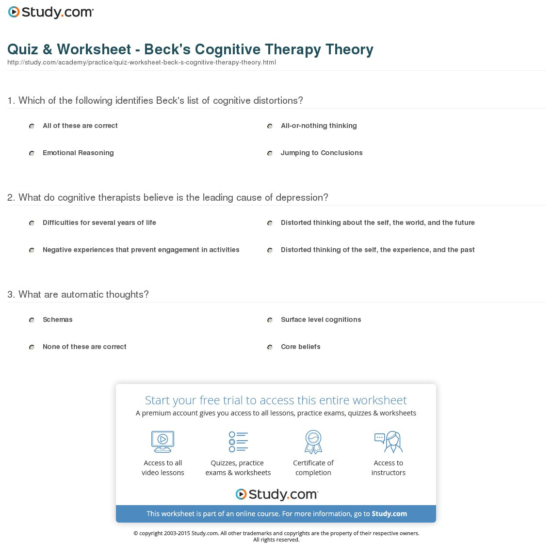 Quiz  Worksheet  Beck's Cognitive Therapy Theory  Study