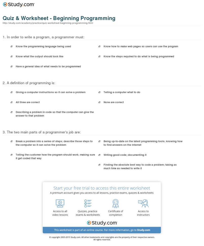 Quiz  Worksheet  Beginning Programming  Study