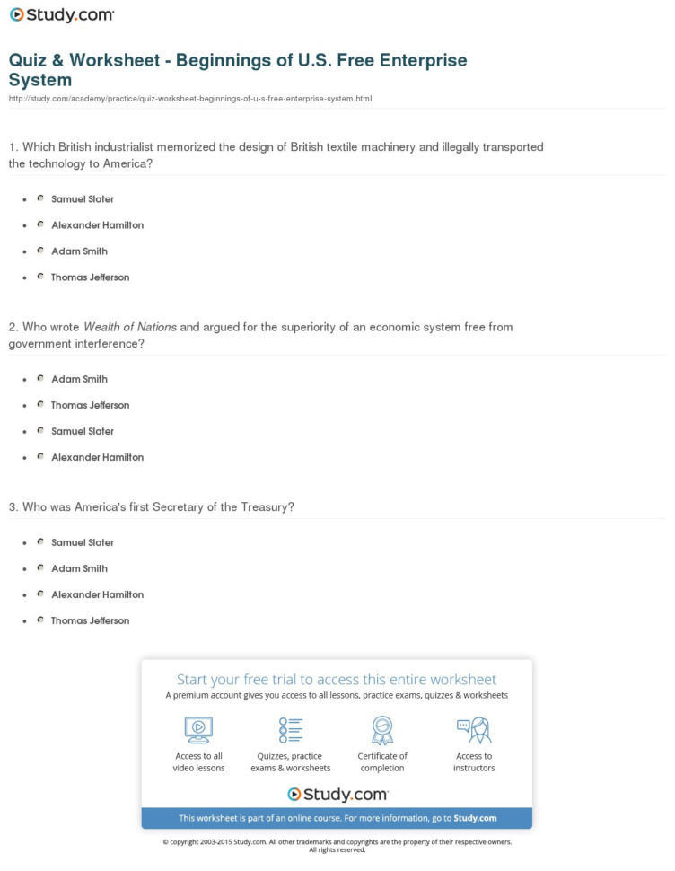 Quiz  Worksheet  Beginnings Of Us Free Enterprise System