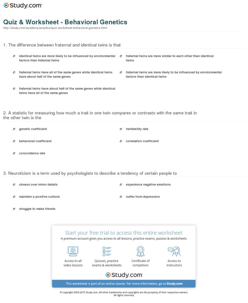 Quiz  Worksheet  Behavioral Genetics  Study