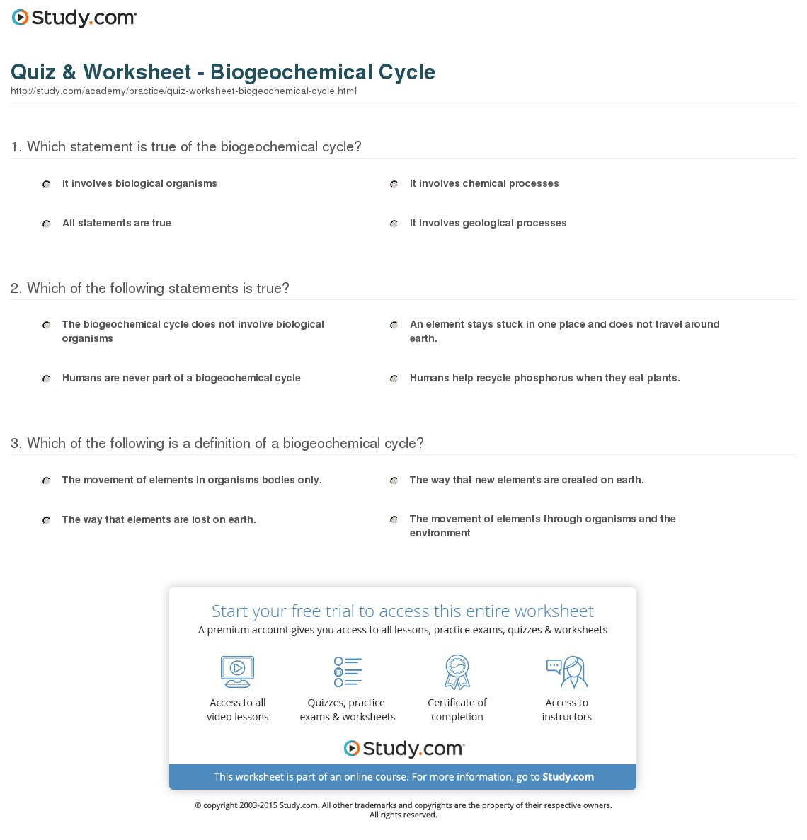 Quiz  Worksheet  Biogeochemical Cycle  Study