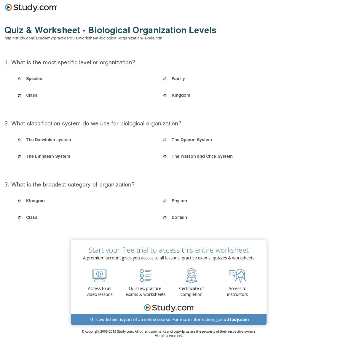 Quiz  Worksheet  Biological Organization Levels  Study