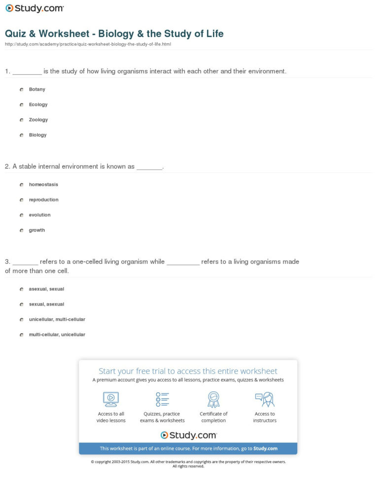 Quiz  Worksheet  Biology  The Study Of Life  Study