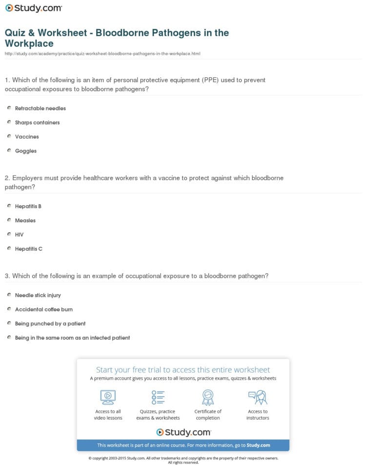 Quiz  Worksheet  Bloodborne Pathogens In The Workplace