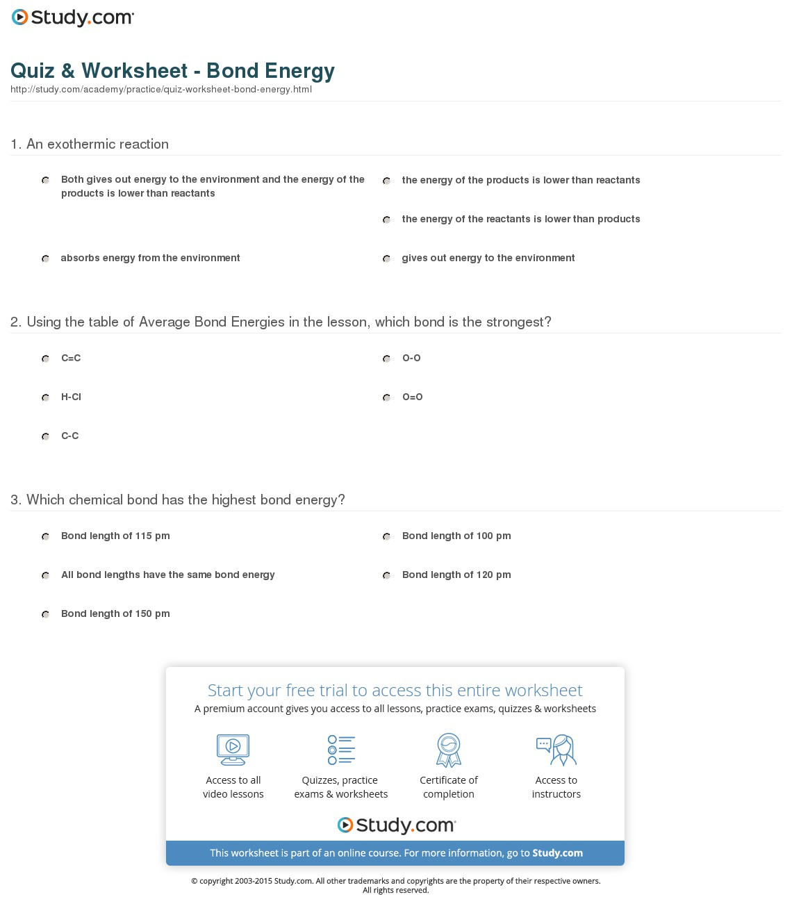 Quiz  Worksheet  Bond Energy  Study