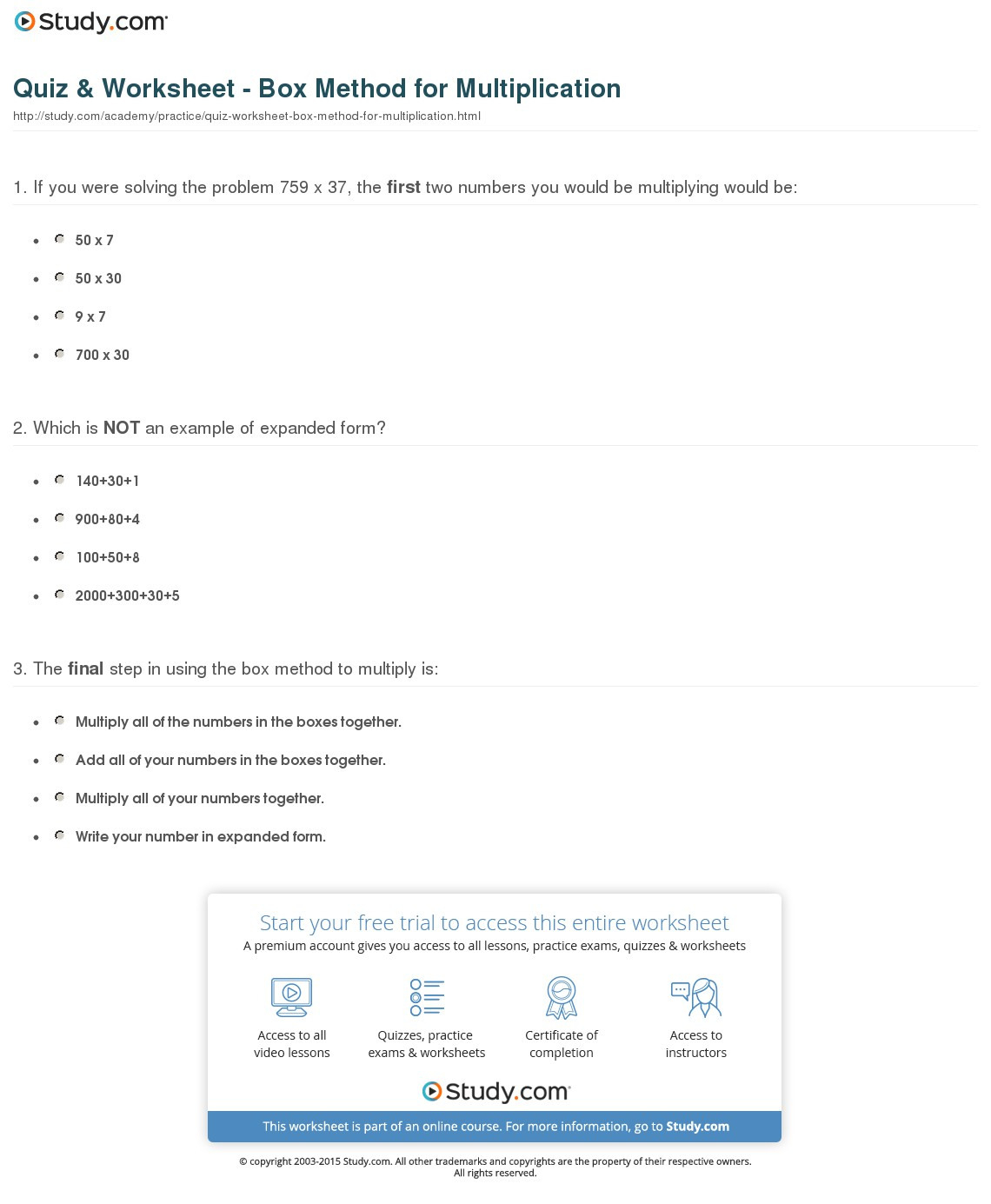 Quiz  Worksheet  Box Method For Multiplication  Study