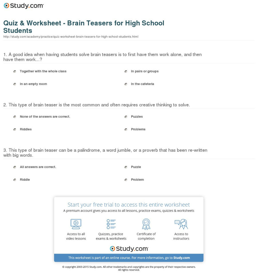Quiz  Worksheet  Brain Teasers For High School Students