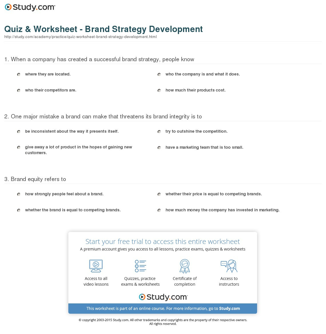 Quiz  Worksheet  Brand Strategy Development  Study