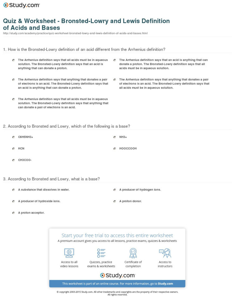 Quiz  Worksheet  Bronstedlowry And Lewis Definition Of Acids And