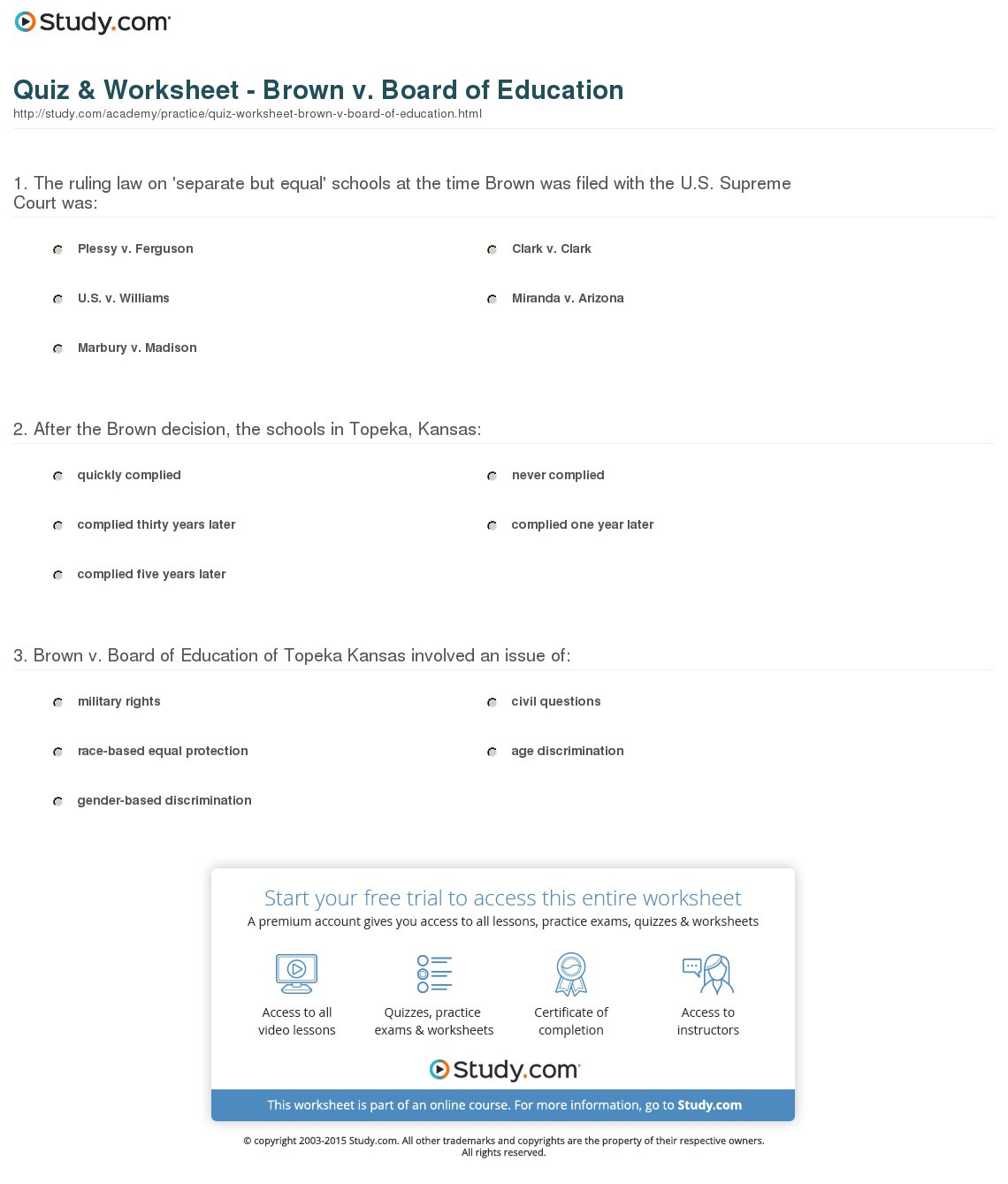 Brown V Board Of Education 1954 Worksheet Answers Db excel