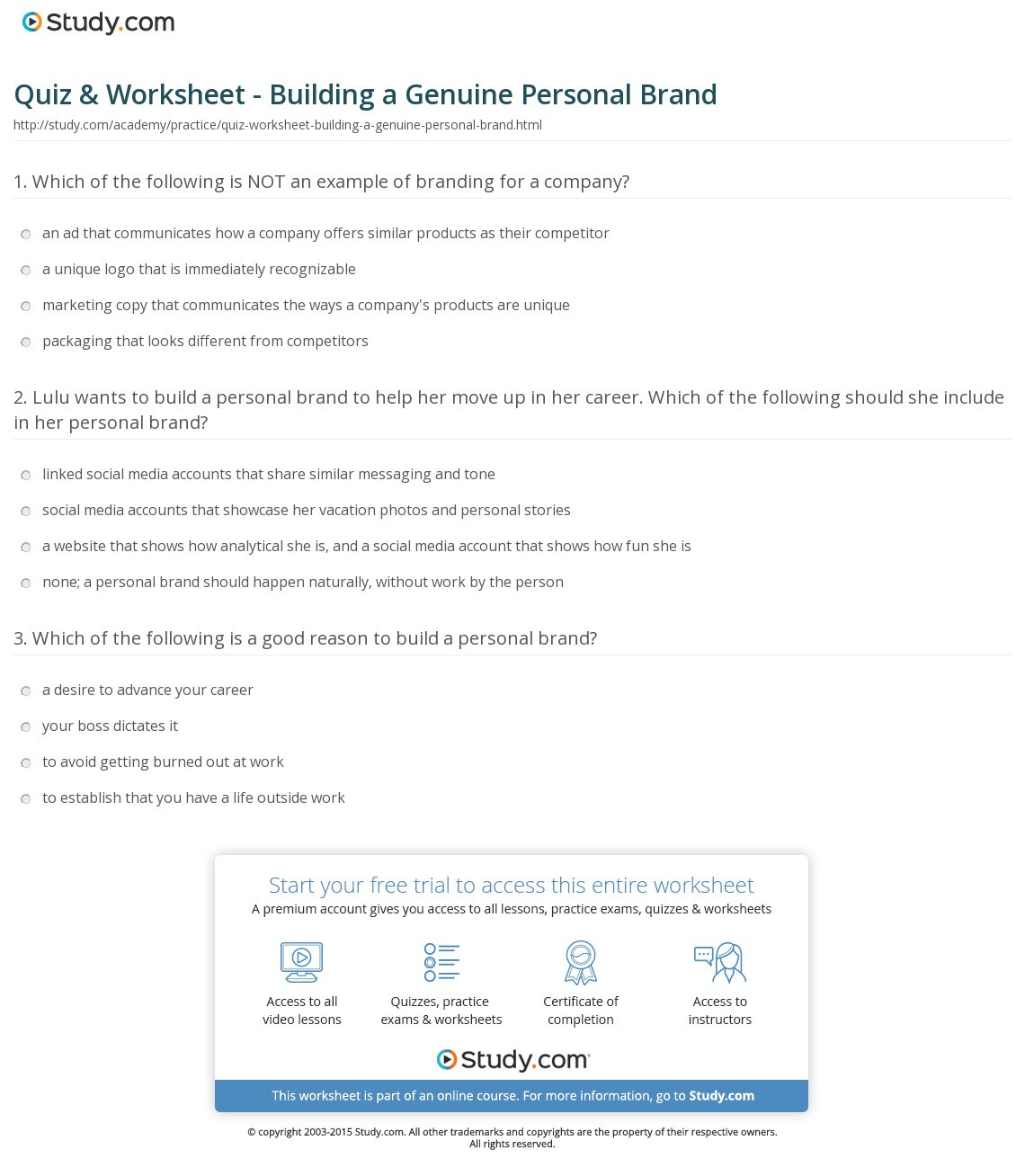 Quiz  Worksheet  Building A Genuine Personal Brand  Study