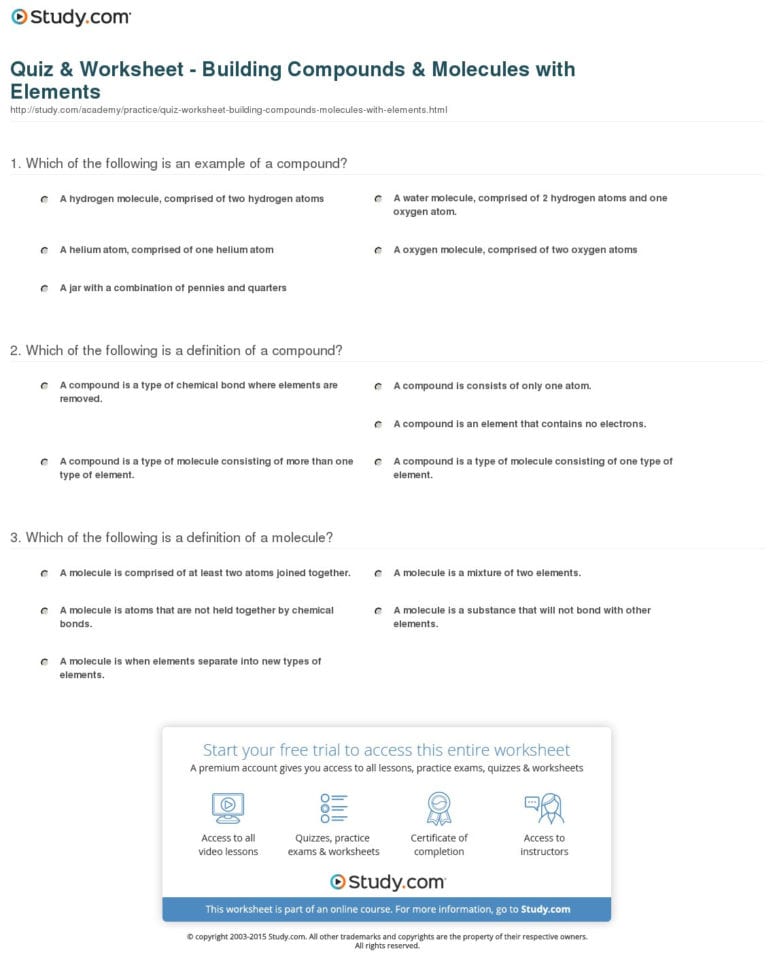 Quiz  Worksheet  Building Compounds  Molecules With
