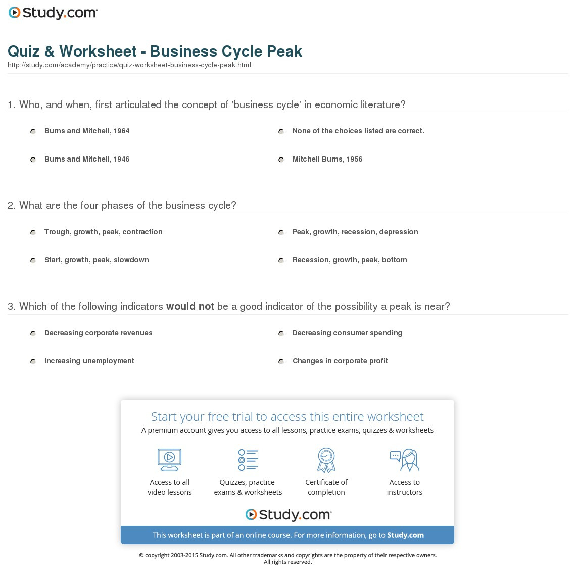 Quiz  Worksheet  Business Cycle Peak  Study