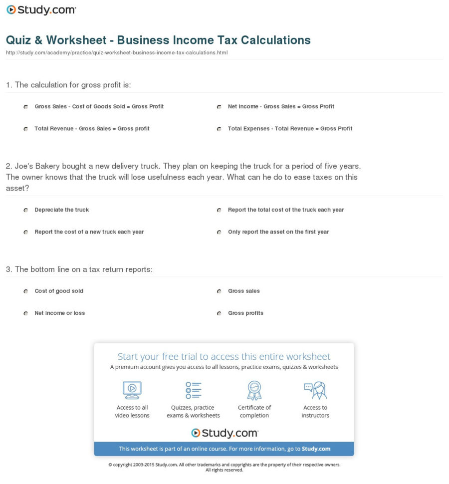 Quiz  Worksheet  Business Income Tax Calculations  Study