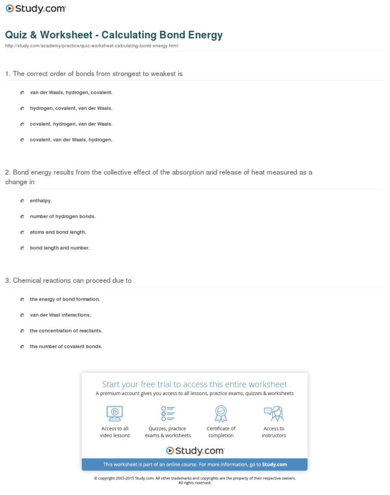 Quiz  Worksheet  Calculating Bond Energy  Study