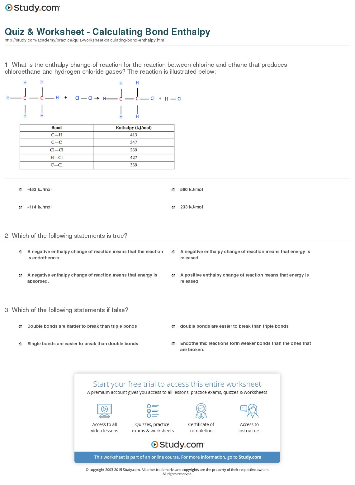 Quiz  Worksheet  Calculating Bond Enthalpy  Study