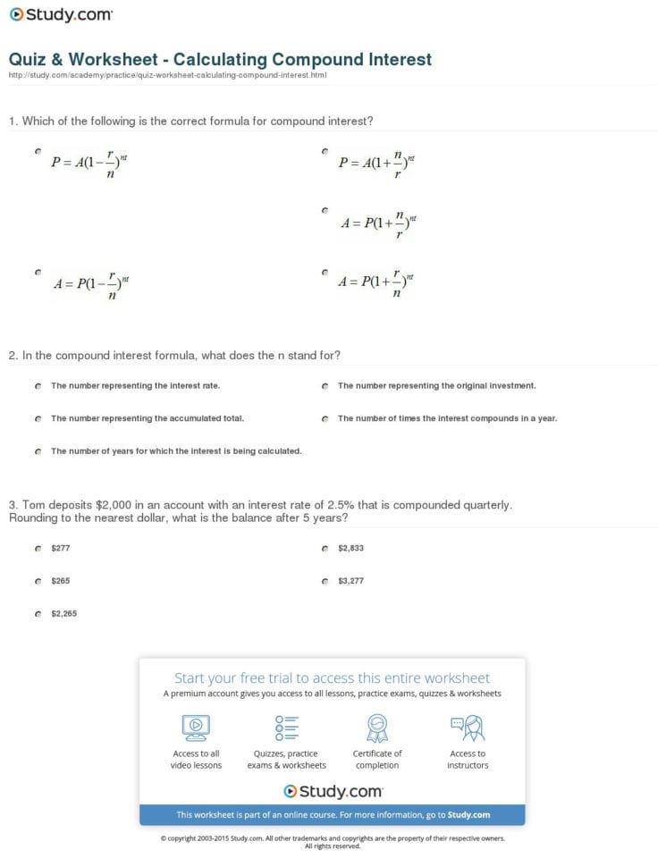 Quiz  Worksheet  Calculating Compound Interest  Study