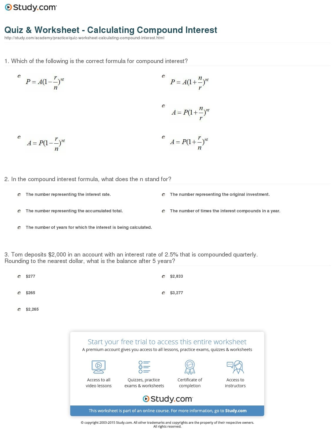 Quiz  Worksheet  Calculating Compound Interest  Study