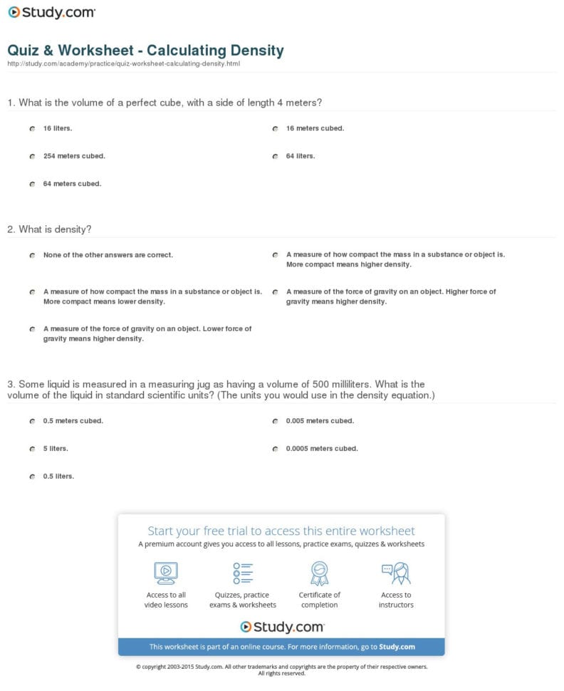 Quiz  Worksheet  Calculating Density  Study