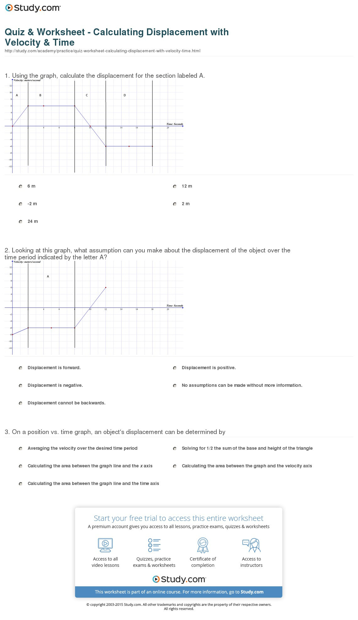 Quiz  Worksheet  Calculating Displacement With Velocity
