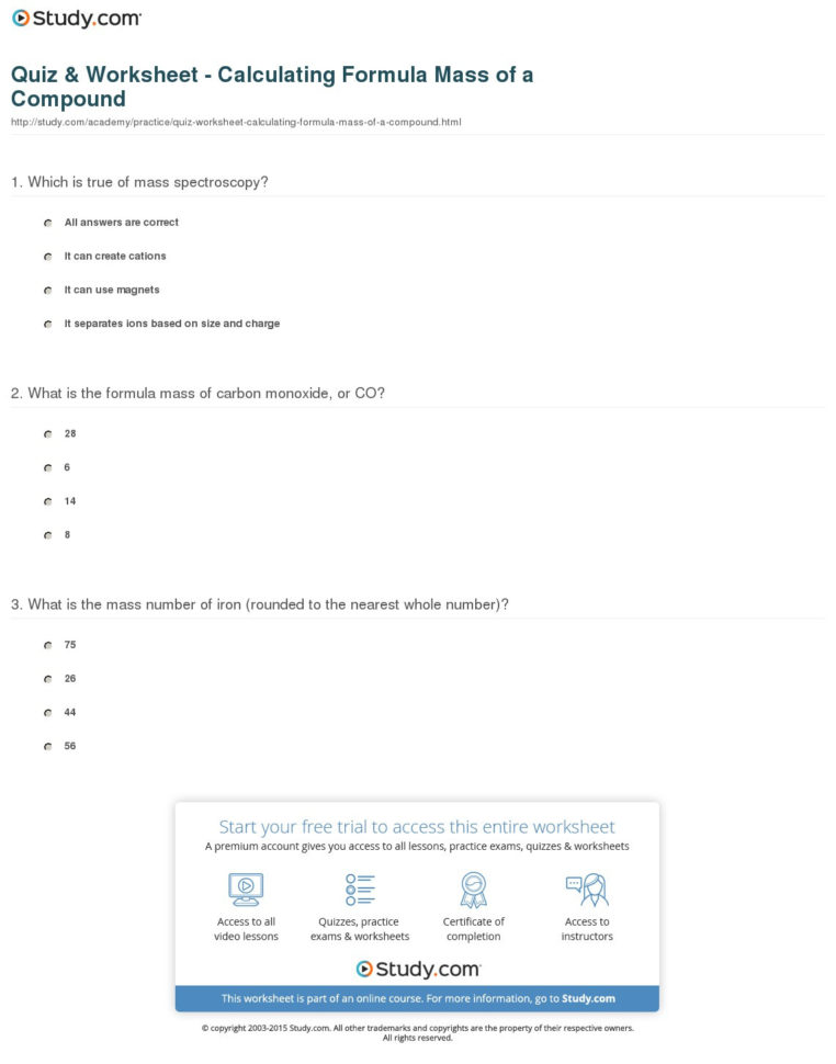 Quiz  Worksheet  Calculating Formula Mass Of A Compound  Study