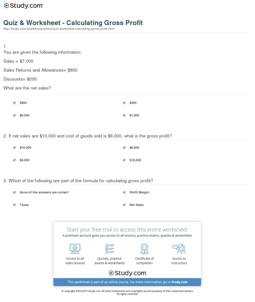 Quiz  Worksheet  Calculating Gross Profit  Study