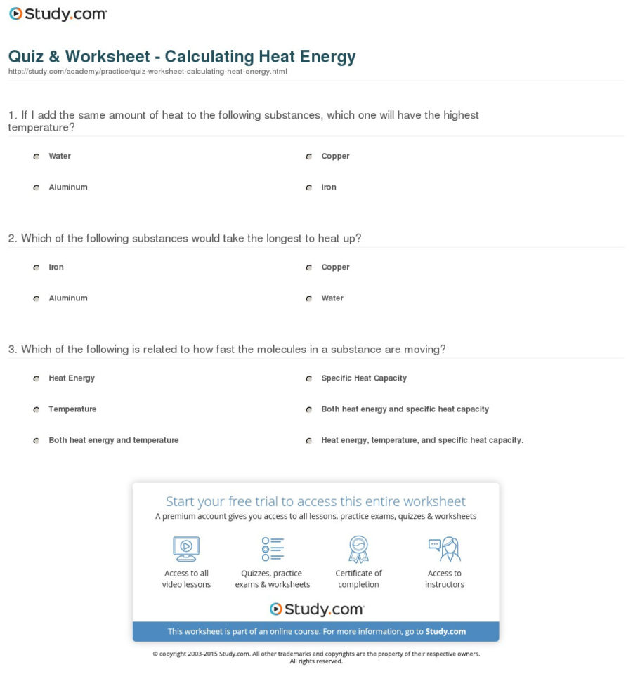 Quiz  Worksheet  Calculating Heat Energy  Study