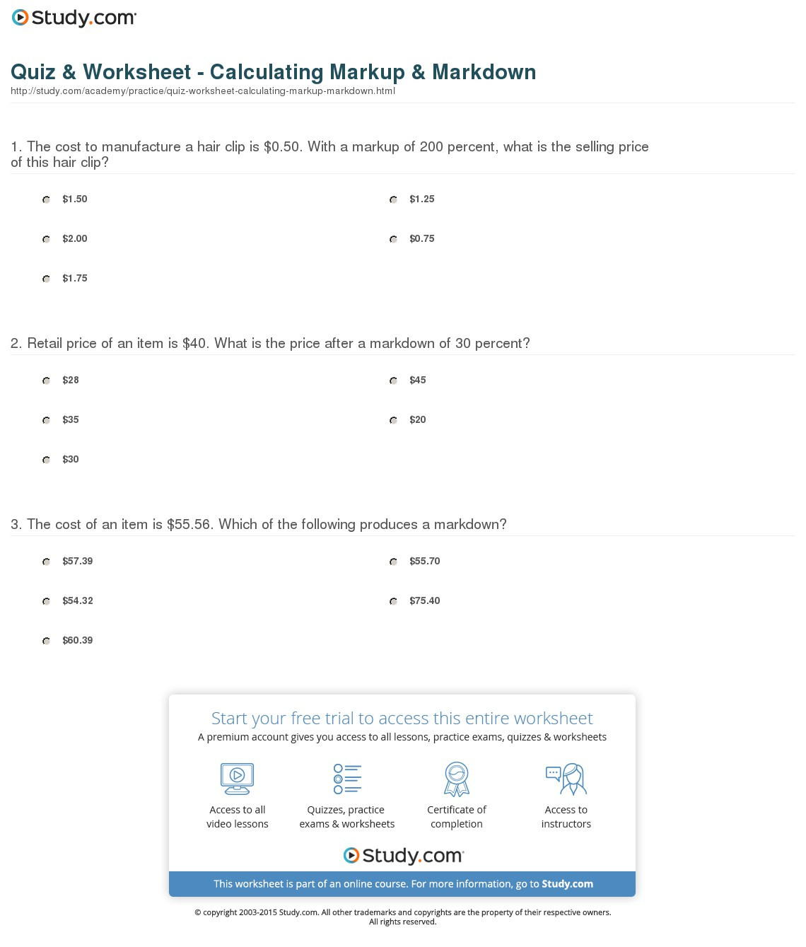 Quiz  Worksheet  Calculating Markup  Markdown  Study