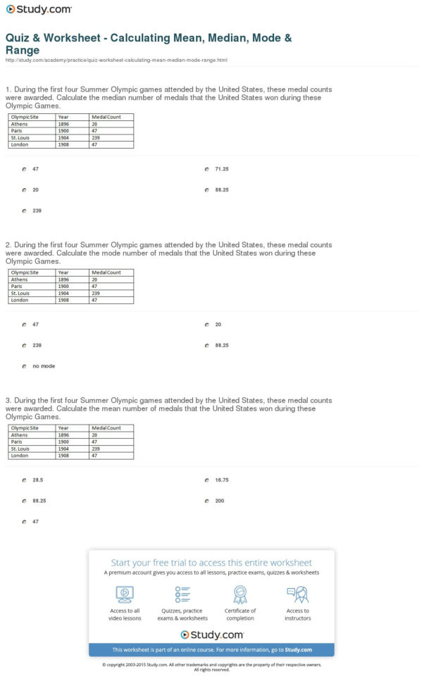 Quiz  Worksheet  Calculating Mean Median Mode  Range