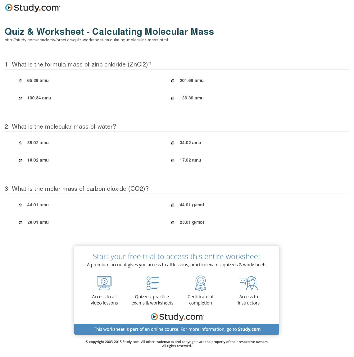 Quiz  Worksheet  Calculating Molecular Mass  Study