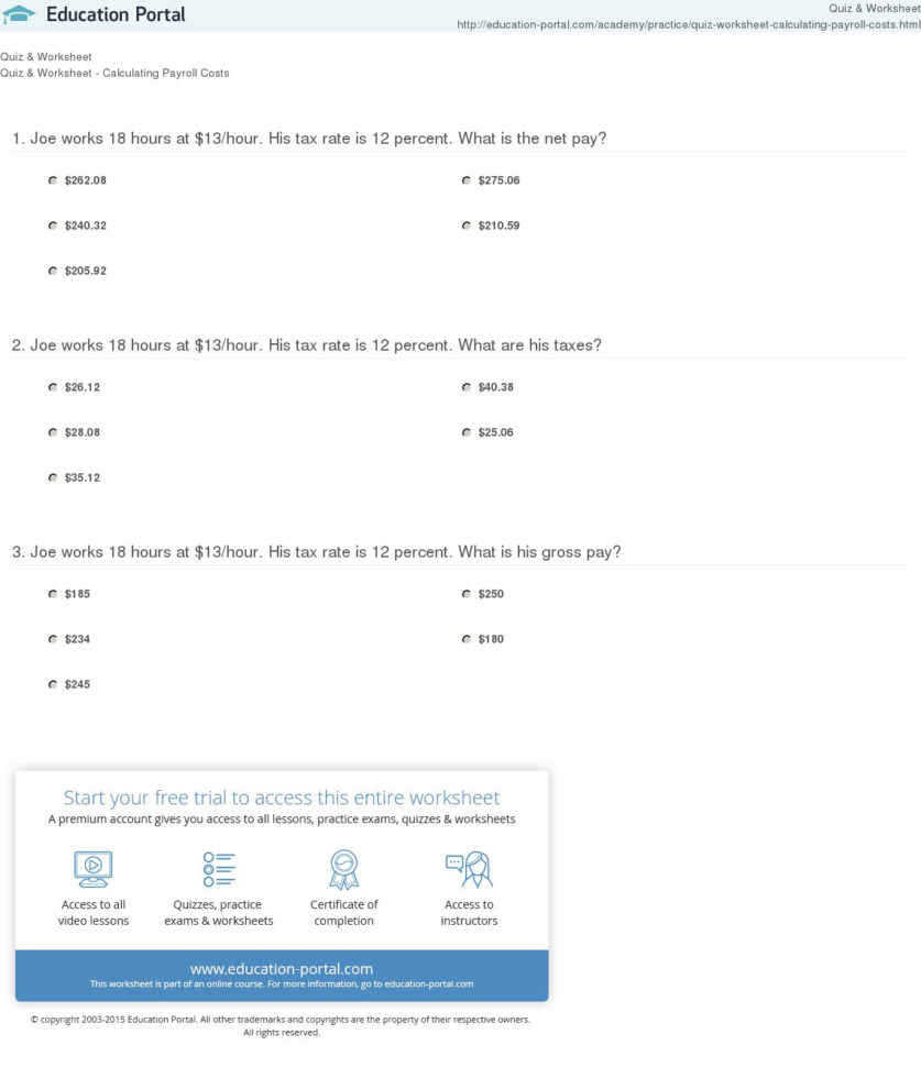 Quiz  Worksheet  Calculating Payroll Costs  Study