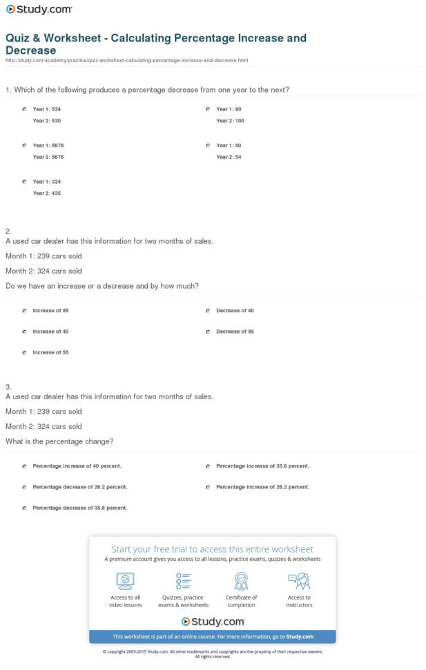 Quiz  Worksheet  Calculating Percentage Increase And