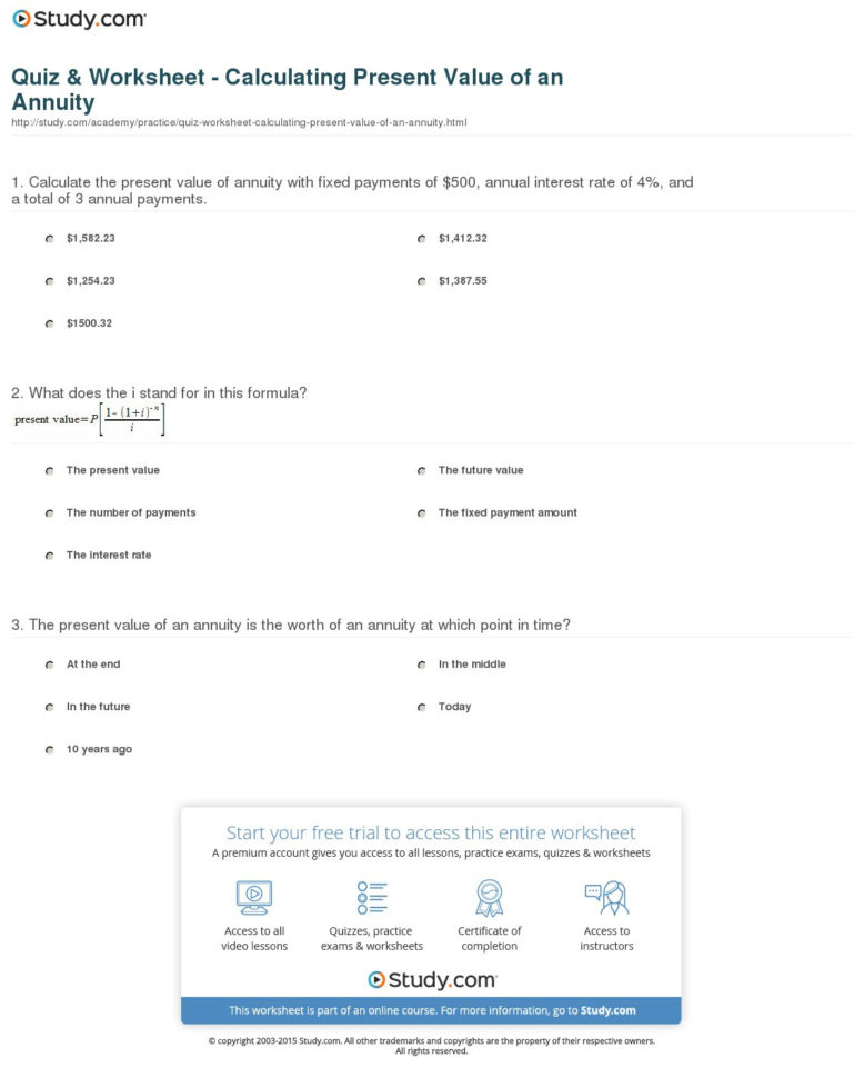 Quiz  Worksheet  Calculating Present Value Of An Annuity