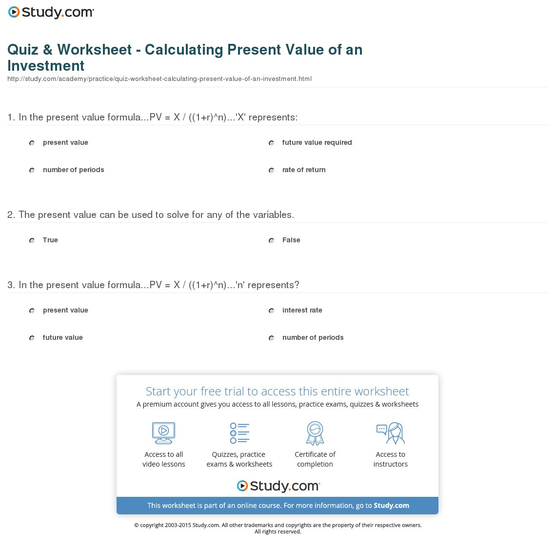 Quiz  Worksheet  Calculating Present Value Of An Investment