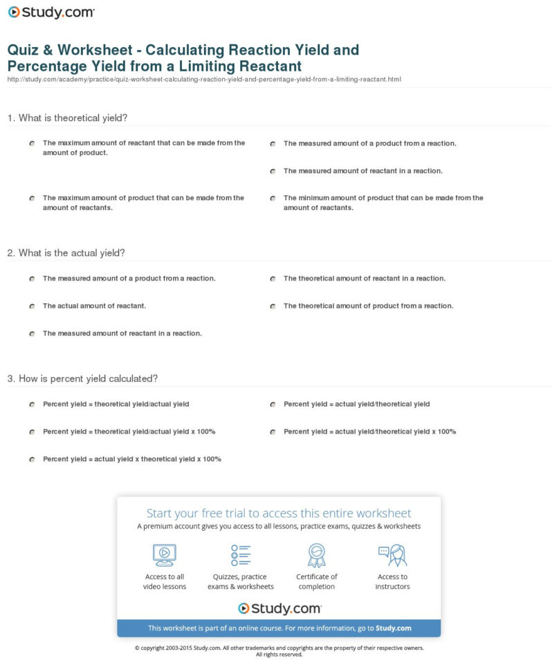 Quiz  Worksheet  Calculating Reaction Yield And Percentage