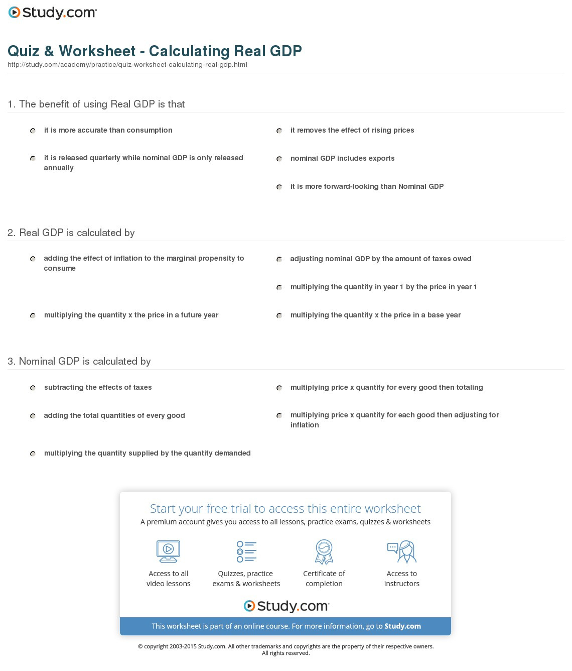 Quiz  Worksheet  Calculating Real Gdp  Study