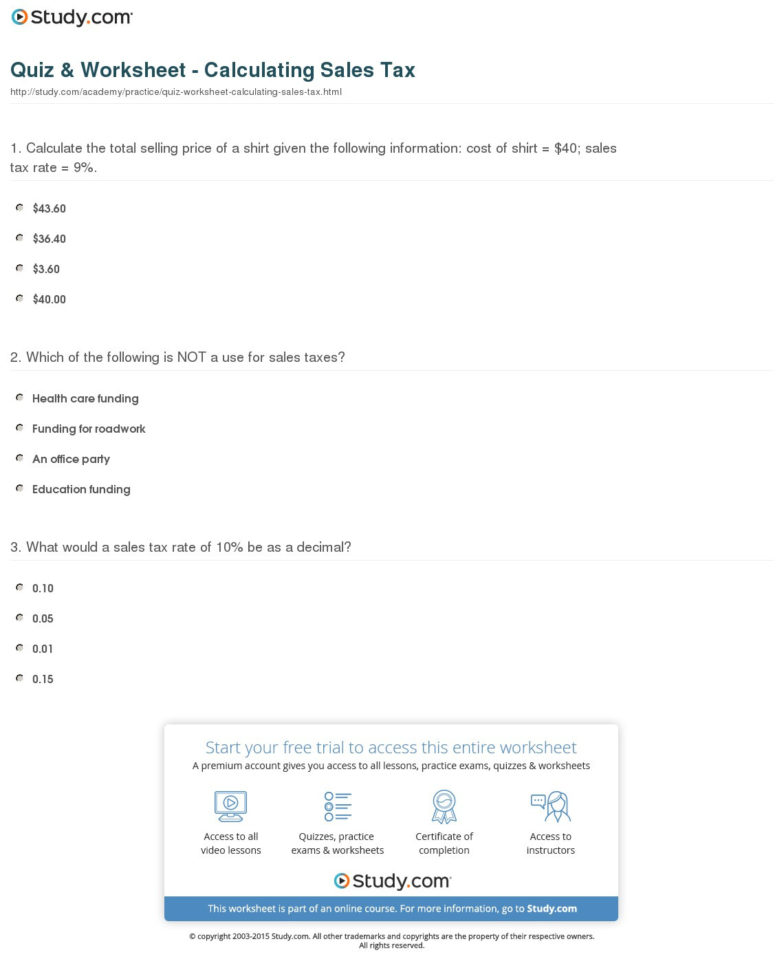 Quiz  Worksheet  Calculating Sales Tax  Study