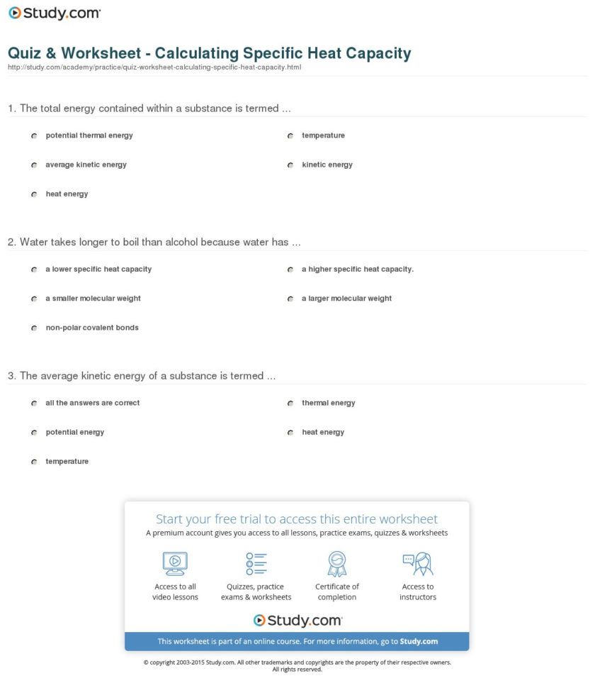 Quiz  Worksheet  Calculating Specific Heat Capacity