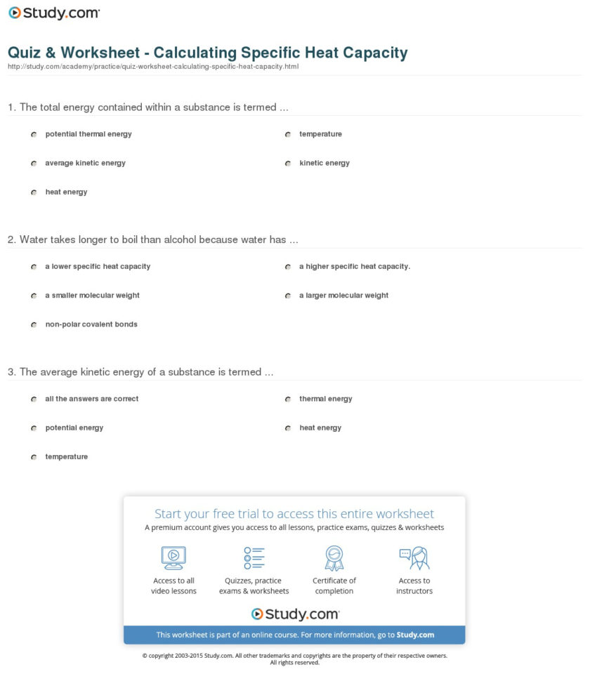 Quiz  Worksheet  Calculating Specific Heat Capacity