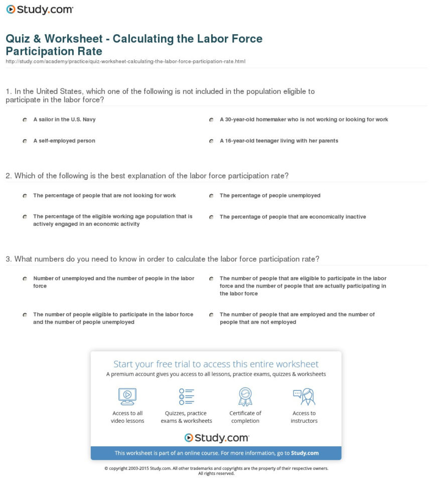 Quiz  Worksheet  Calculating The Labor Force Participation