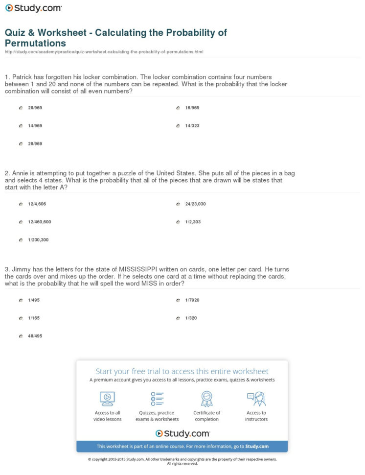 Quiz  Worksheet  Calculating The Probability Of