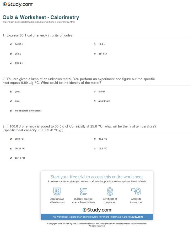Quiz  Worksheet  Calorimetry  Study