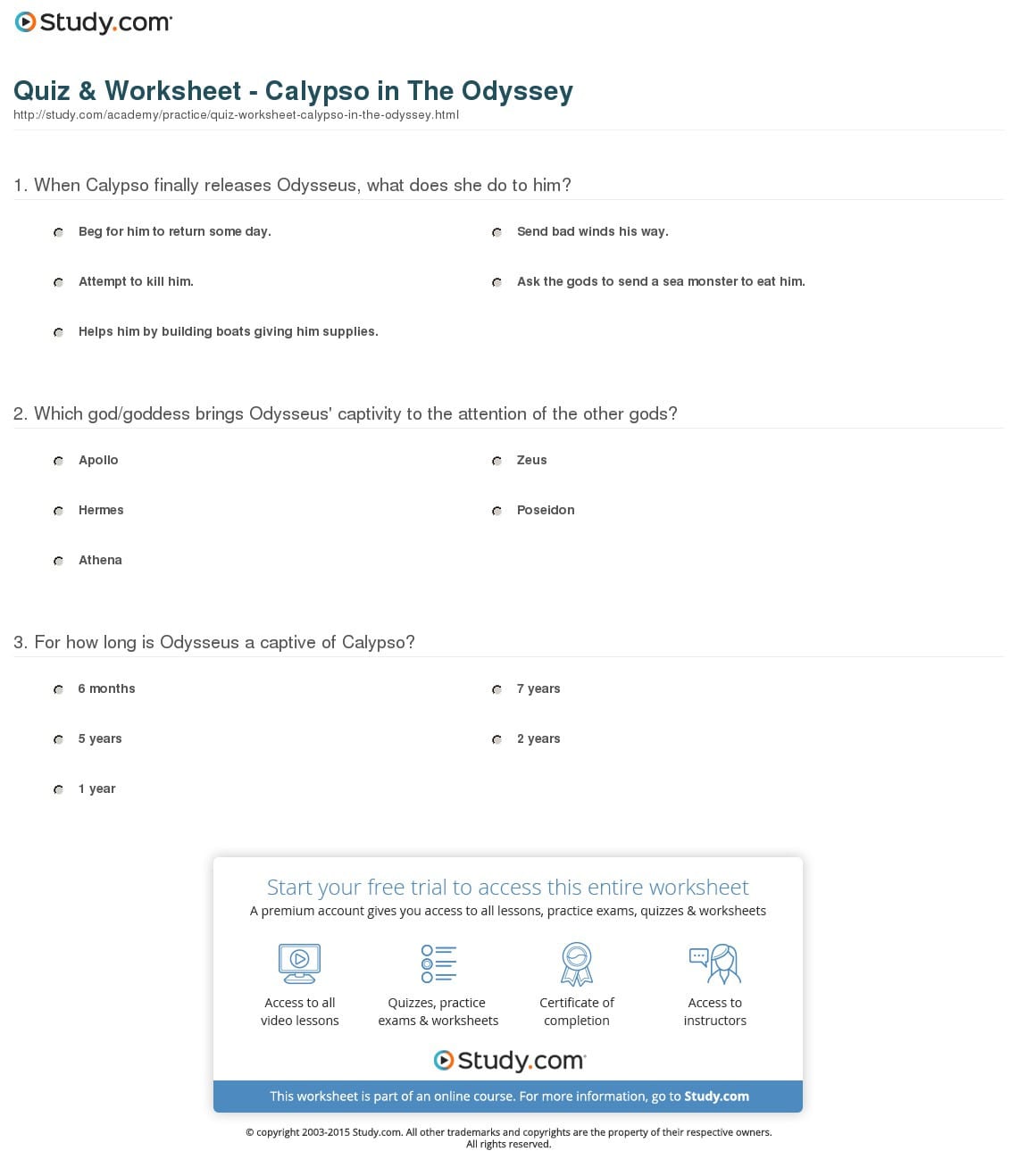 Quiz Worksheet Calypso In The Odyssey Study | db-excel.com