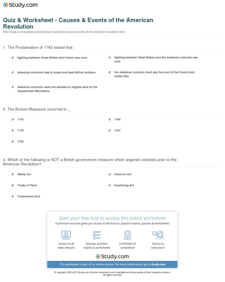 Quiz  Worksheet  Causes  Events Of The American