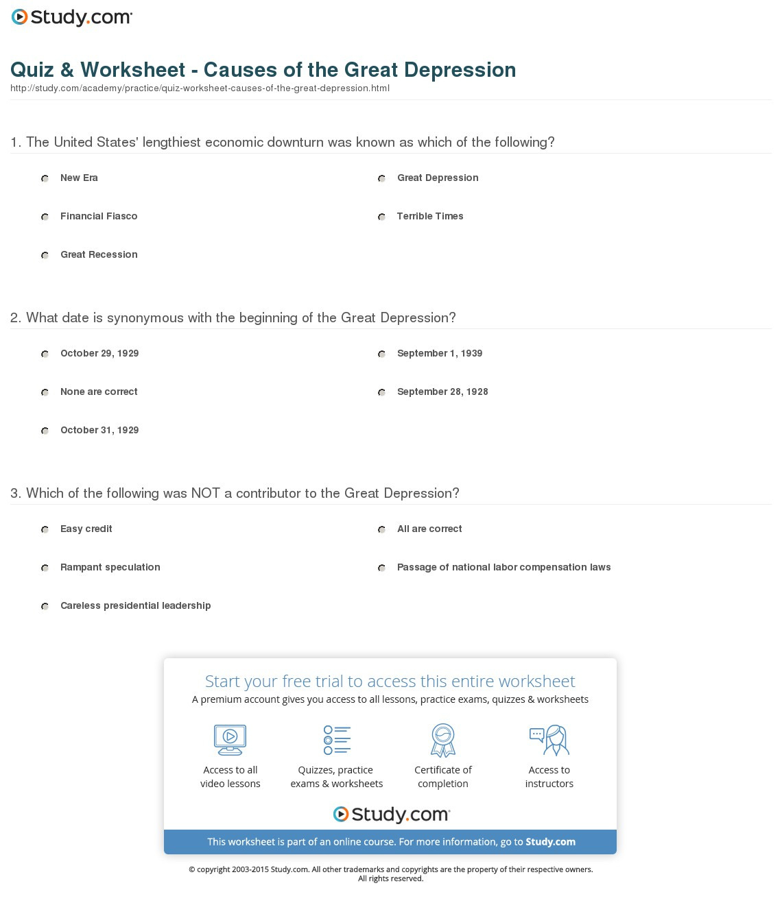 Quiz  Worksheet  Causes Of The Great Depression  Study
