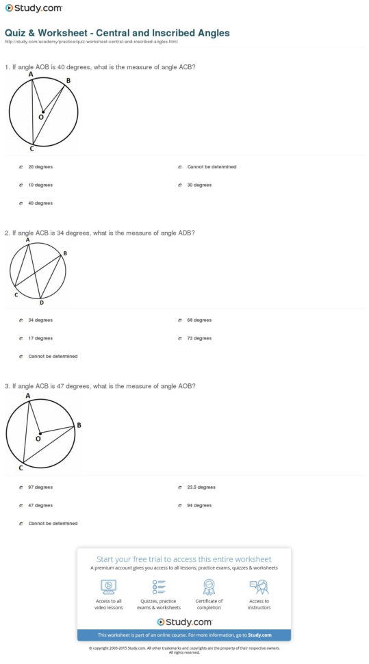 Quiz  Worksheet  Central And Inscribed Angles  Study