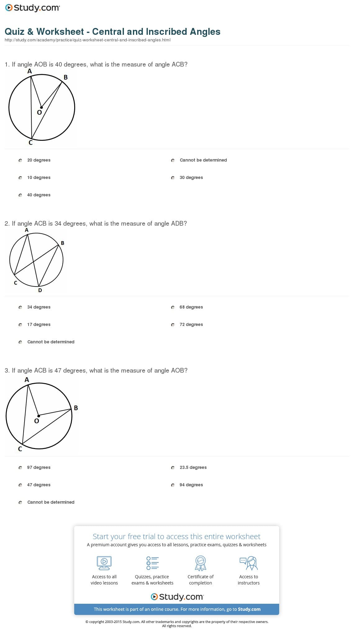 Quiz  Worksheet  Central And Inscribed Angles  Study