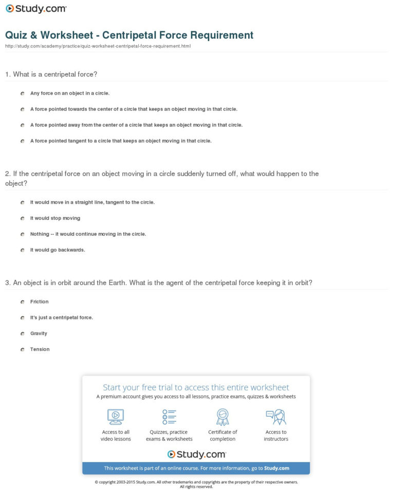 Quiz  Worksheet  Centripetal Force Requirement  Study