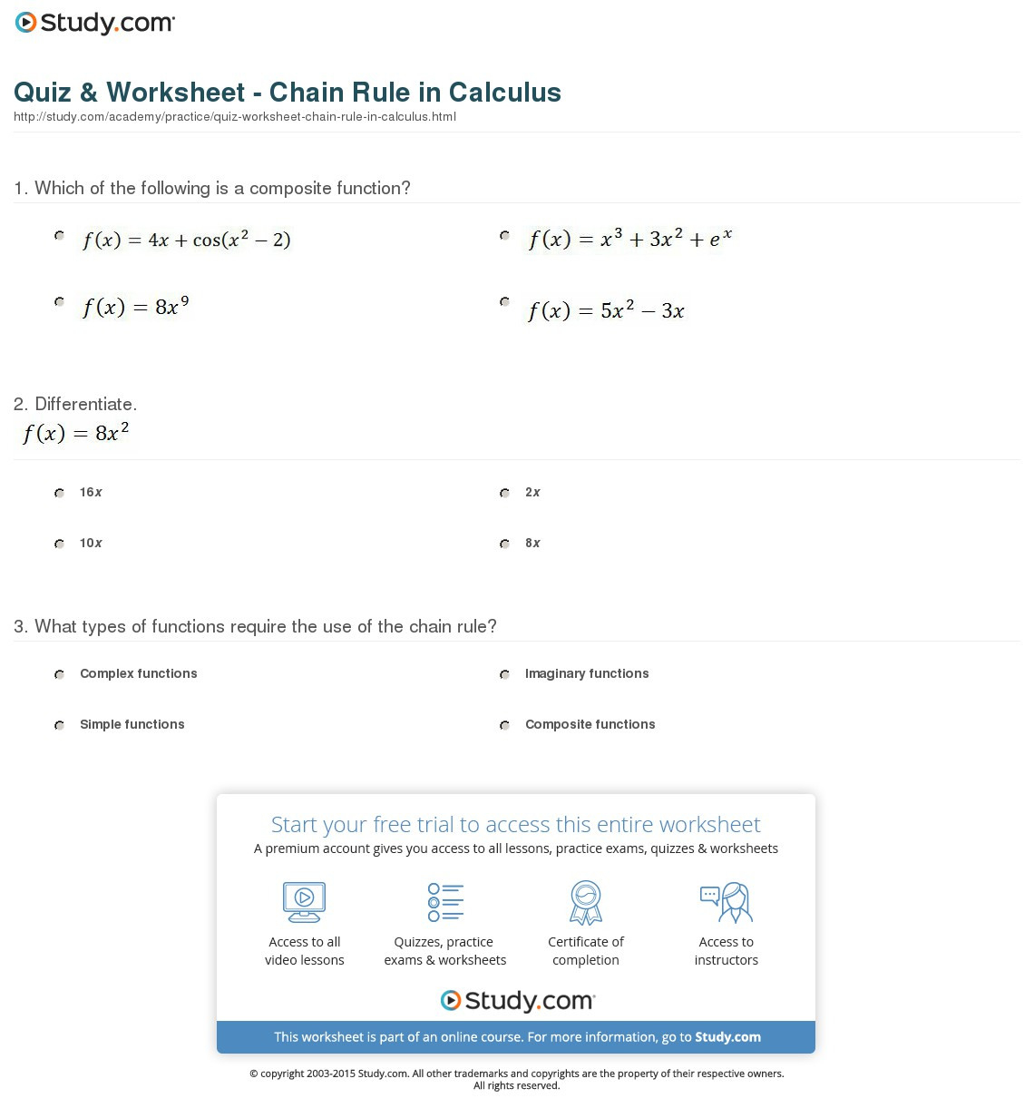Quiz  Worksheet  Chain Rule In Calculus  Study