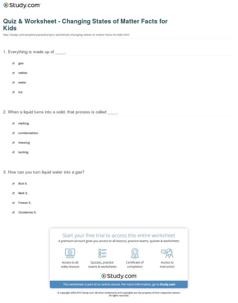 Quiz  Worksheet  Changing States Of Matter Facts For Kids